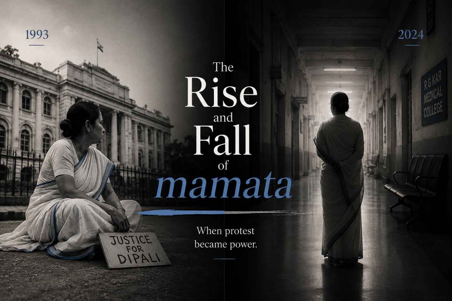 Editorial illustration comparing Mamata Banerjee’s activist image during the 1993 Dipali Basak case with the public controversy surrounding the 2024 RG Kar College rape-murder case in West Bengal
